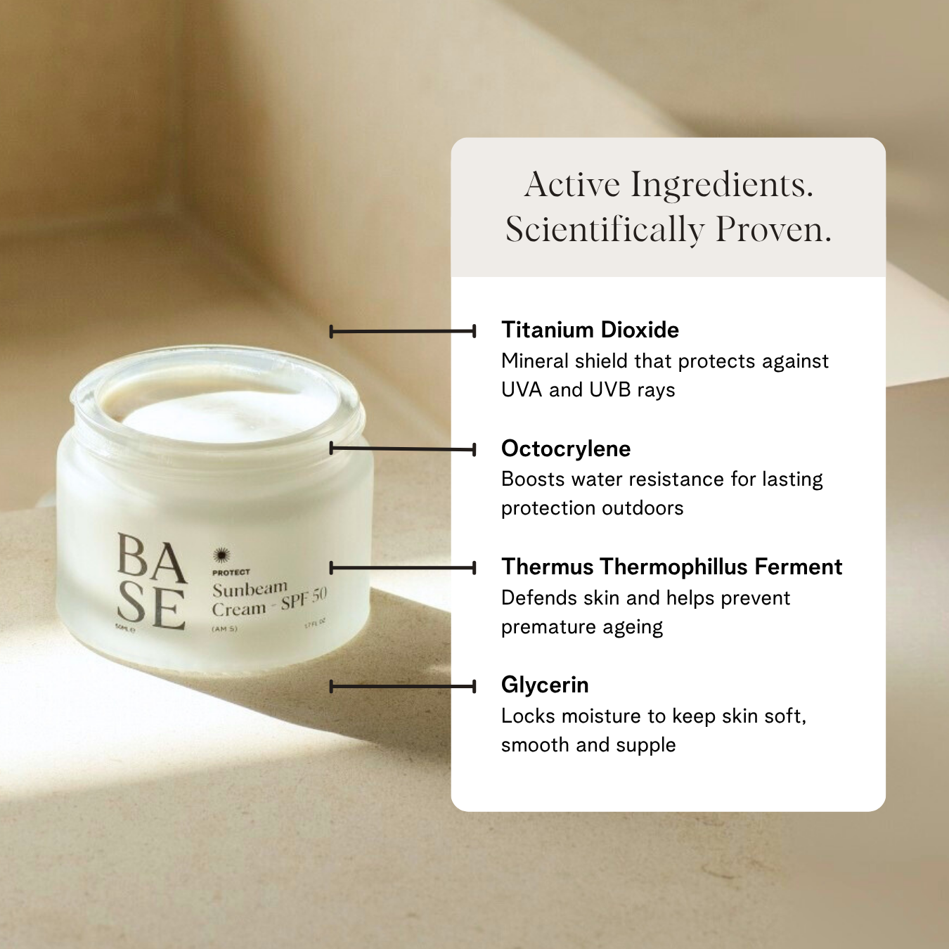 Sunbeam Cream - SPF 50 by BASE SKNCARE. Your sunscreen, hydrating lotion and primer, all in one weightless formula.