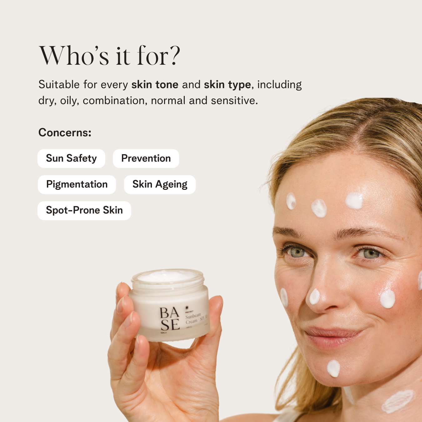 Sunbeam Cream - SPF 50 by BASE SKNCARE. Your sunscreen, hydrating lotion and primer, all in one weightless formula.